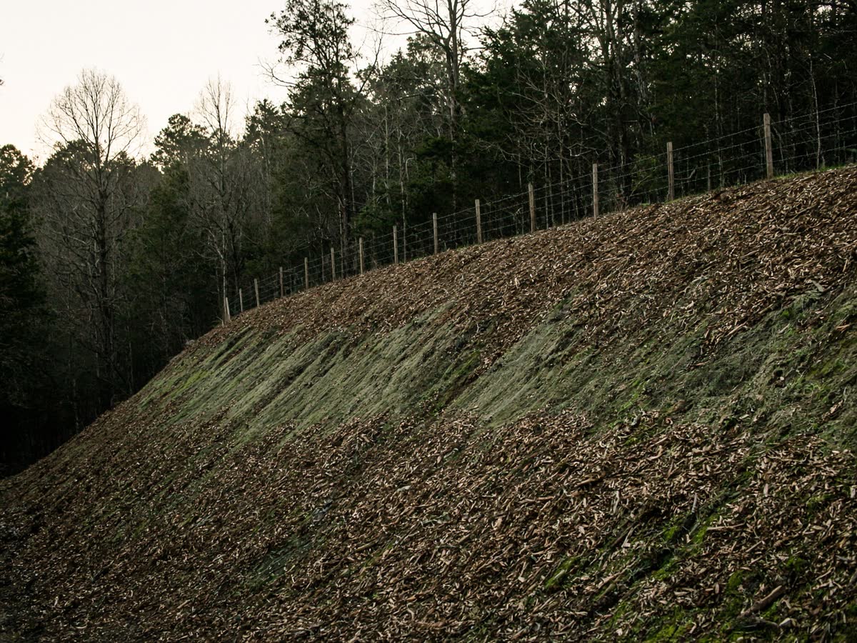 A steep bank after brush mulching, with mulch left on the slope and a fence along the top.