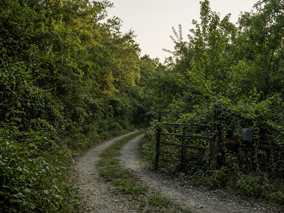 A rural gravel driveway grown over with brush and saplings.