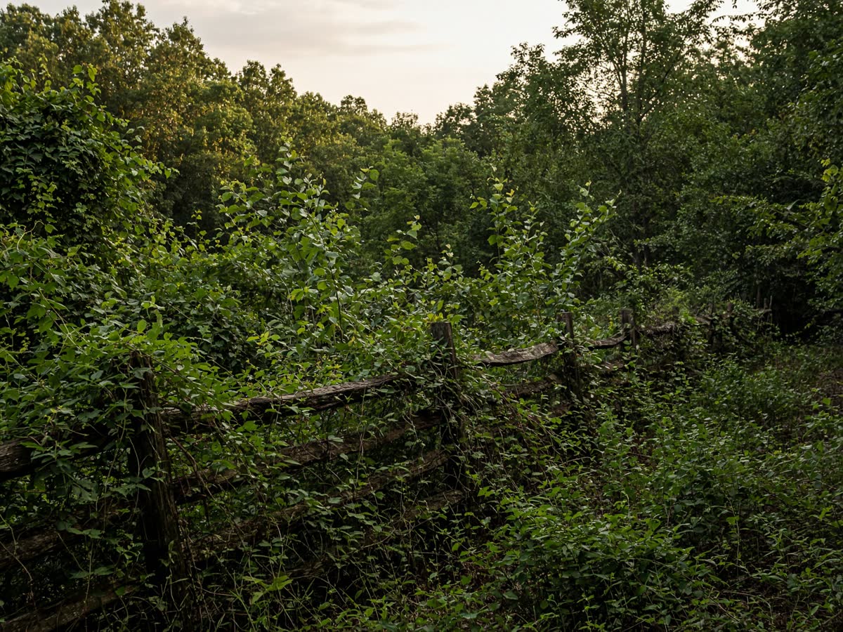 Overgrown split-rail fence swallowed by honeysuckle and saplings.
