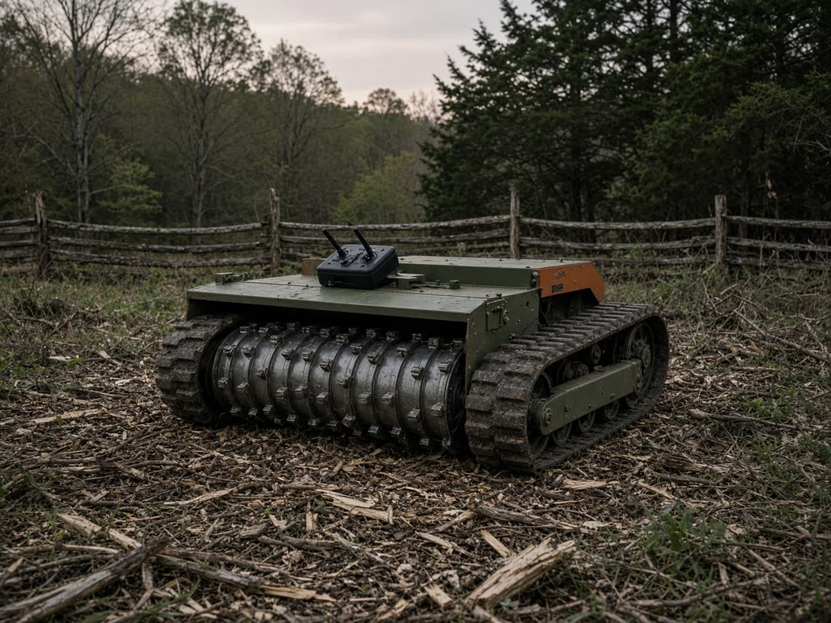 Tracked remote-control mulcher with a fixed-tooth drum, parked on a rural lot.